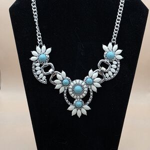 Elegant Silver Tone and Turquoise Color Statement Necklace - Statement Piece